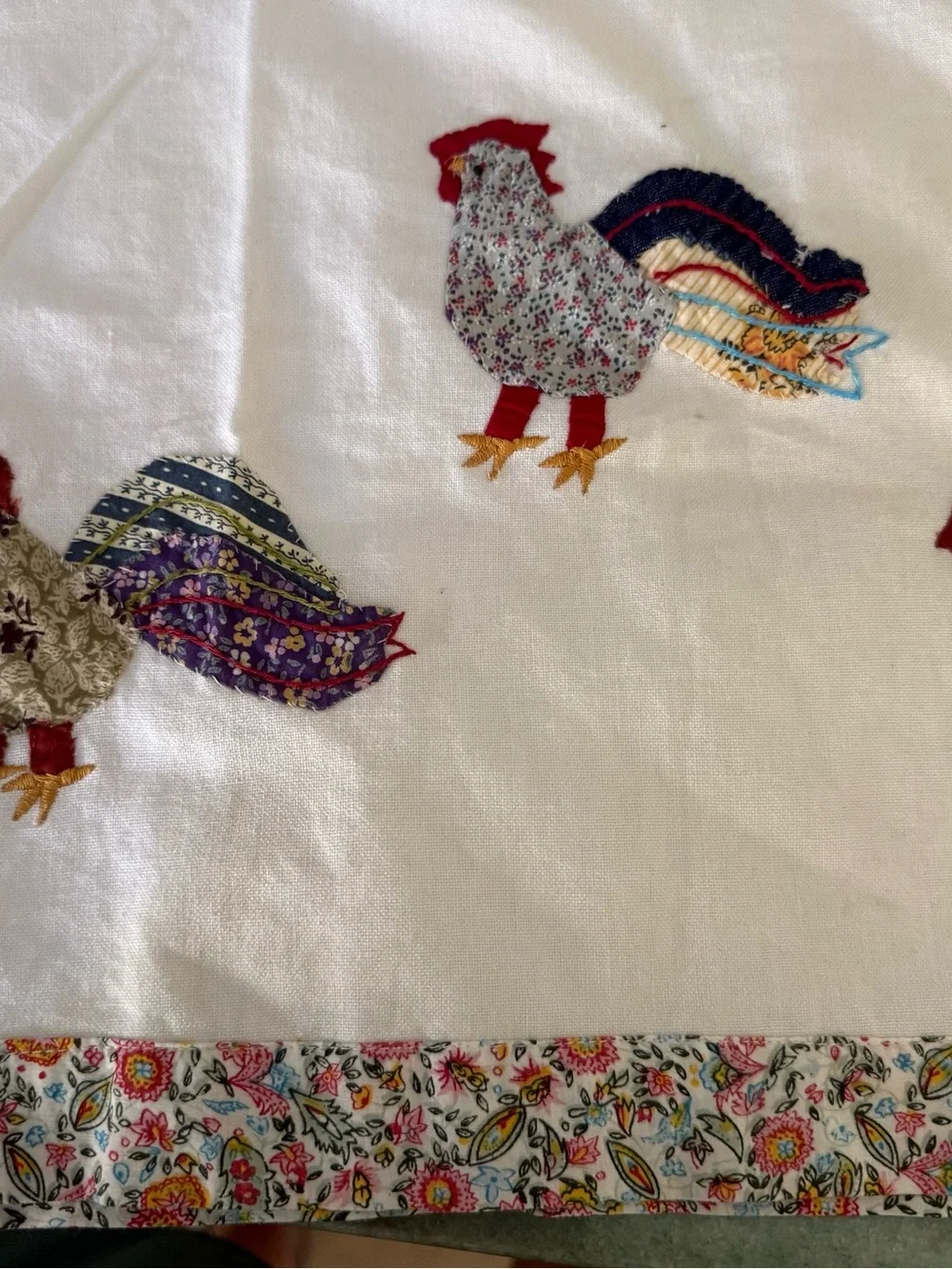 Anthropologie hand towel embroidered, and patchwork chickens